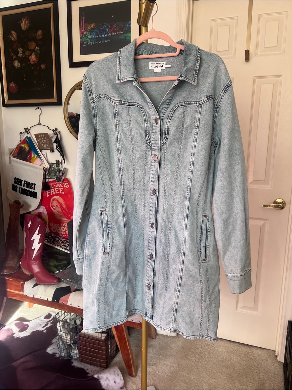 Good American x Dolly Parton Long Sleeve Button Down Denim Mini Dress LG NWOT